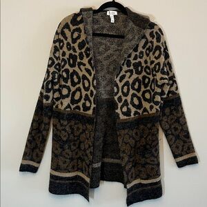Cozy Mixed Animal Print Long Line Open Front Hooded Cardigan M Brown Beige Black